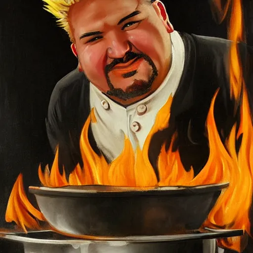 Image similar to painting of guy fieri cooking over hot flames by sargent and leyendecker