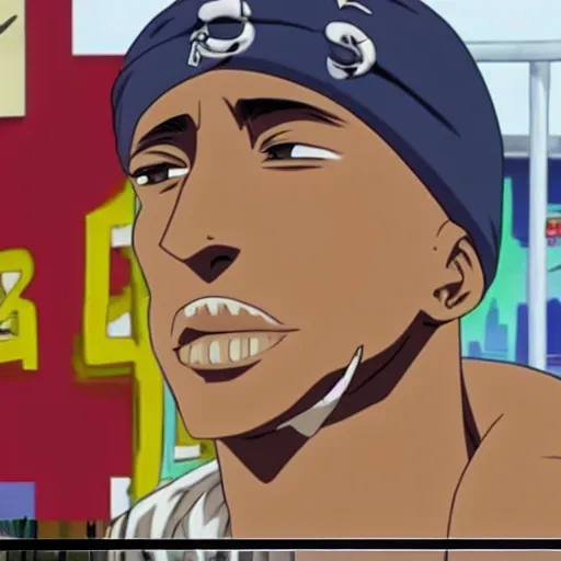 Image similar to Tupac Shakur, screenshot from a 2012s anime