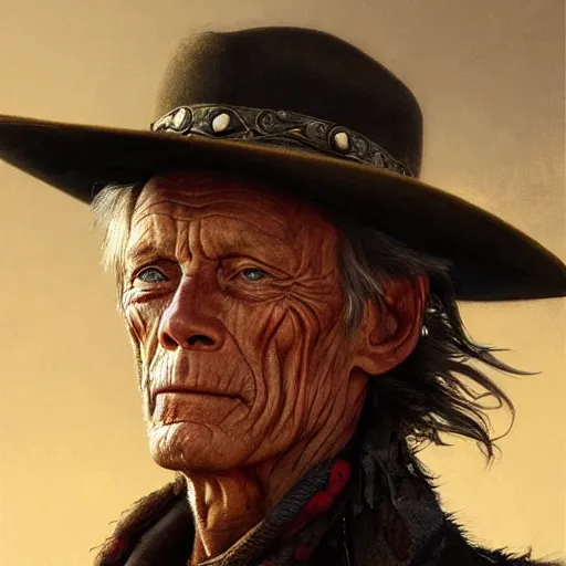 Image similar to a man, lance henriksen, cowboy hat, portrait, wild west, fantasy, highly detailed, digital painting, artstation, concept art, sharp focus, illustration, art by artgerm and greg rutkowski and alphonse mucha