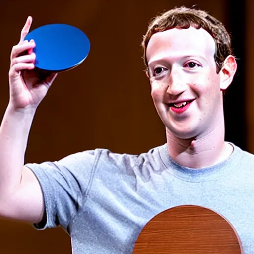 Image similar to mark zuckerberg holding a circular, wooden coaster up to the camera