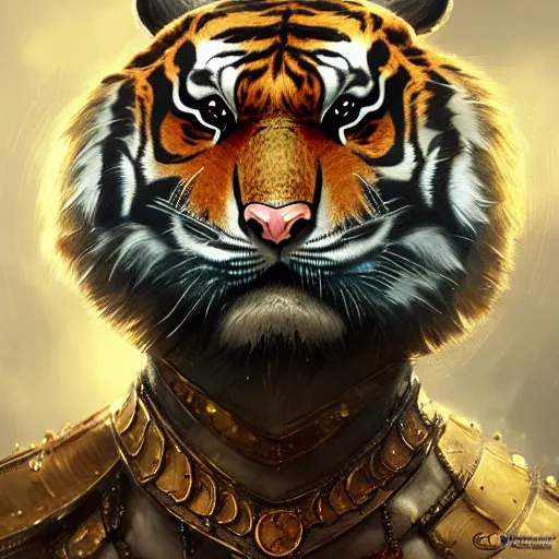 Image similar to commission of a tiger wearing diamond victorian armour ,character design by charles bowater,greg rutkowski,ross tran,hyperdetailed,hyperrealistic,4k,deviantart,artstation,professional photography,concept art