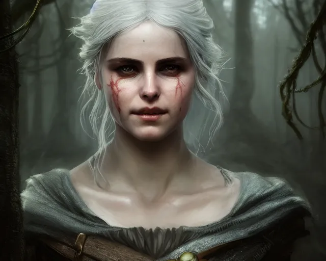 Image similar to 5 5 mm portrait photo of a real life ciri with a face scar, in a magical forest. dark atmosphere. art by greg rutkowski. highly detailed 8 k. intricate. lifelike. soft light. nikon d 8 5 0.