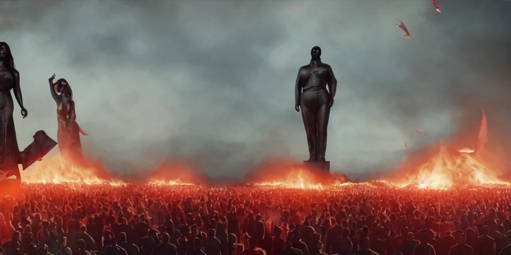 Prompt: realistic cinematic views of a orwellian propaganda festival with fires in the background and dead seagulls falling from the sky in front of the main stage worshipping a large statue of kim kardashian, hyper detailed, terror glows, hyper realistic, digital painting, 8 k, 3 5 mm film grain, octane render