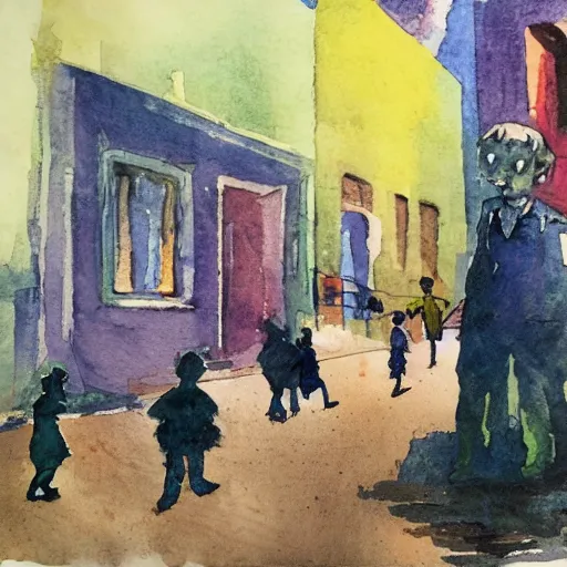 Prompt: “children’s book illustration of children playing in street while spectral figure watches in background, ominous, artist’s guache with watercolor overlay”