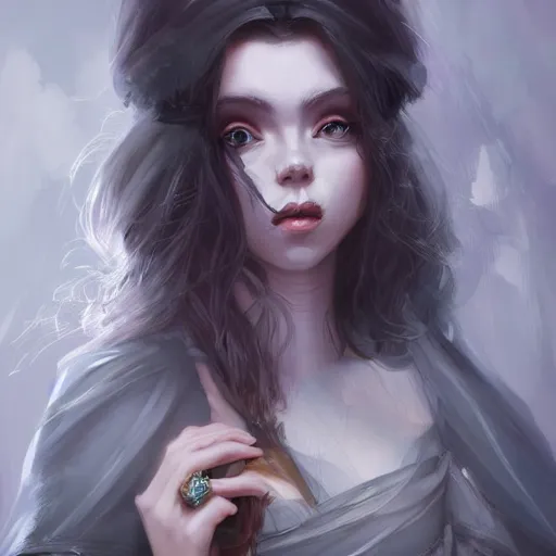 Prompt: whimsical grumpy girl, portrait, ice magic, dark hair, dark robe, intricate, elegant, highly detailed, cgsociety, trending on artstation, dnd, castle background, warm light, concept art, illustration