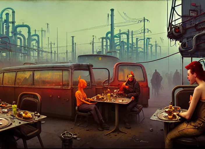 Prompt: waiting in line for crude oil by simon stalenhag and gil elvgren and tom bagshaw and marc simonetti and jan miense molenaer and arthur adams, dystopian slums, diner, highly detailed, hyperrealism, smog, high contrast, smogpunk, oilpunk, high saturation, gas masks