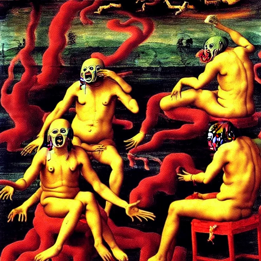 Image similar to a sacred painting of a beautiful flesh - eating timikawa with rainbow fur eating a screaming man, sitting on chair made of human limbs, the chair is floating in a lake of blood, surrounding the lake are melting trees, nightmare scene, supernatural, highly detailed, creepy, terrifying, famous painting by raphael and salvador dali