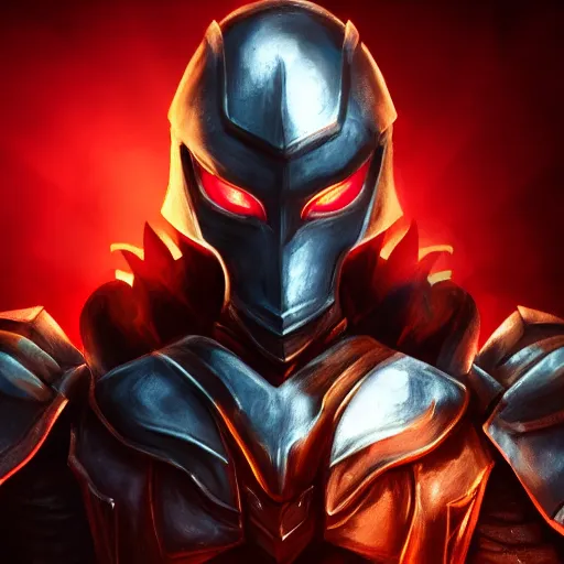 Prompt: a highly detailed character portrait of a man wearing a epic shadow armor with glowing red eyes