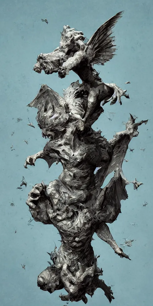 Image similar to highly detailed beautiful photography of flying gargoyle with human face, sharp focus, dynamic lighting, elegant, harmony, beauty, masterpiece, by roberto ferry, by james jean, by craig mullins, illustration, blue background