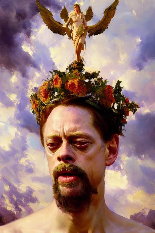 Image similar to beautiful detailed expressive impressionistic oil painting portrait of ancient roman god emperor steve buscemi levitating in angelic pose wearing the civic crown, art by anders zorn, wonderful masterpiece by greg rutkowski, expressive brush strokes, beautiful cinematic light, american romanticism by greg manchess, jessica rossier