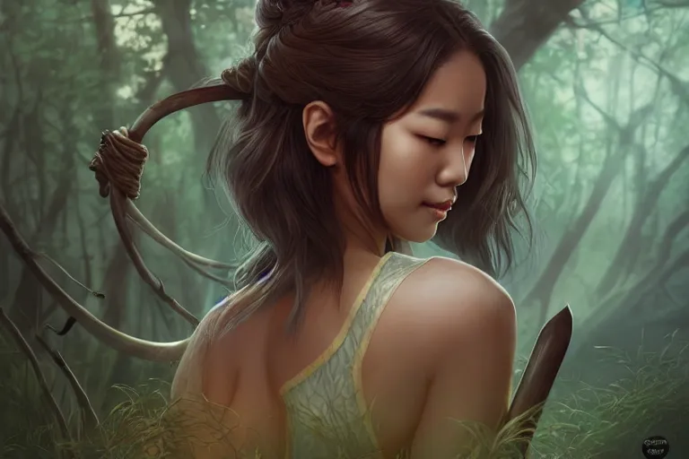 Image similar to beautiful cinematic fantasy poster, asian woman side view using a bokken in forest ; by artgerm ; wayne n reynolds art station ; cinematic quality character render ; high quality ac - h 9 6 0