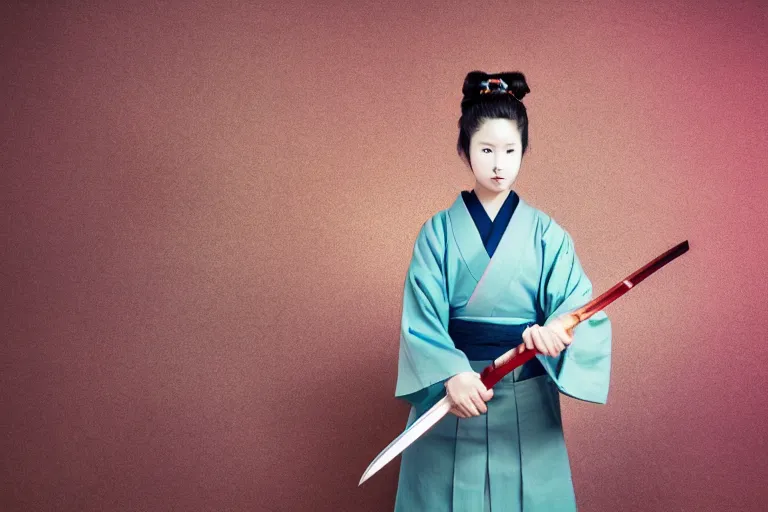 Prompt: beautiful photo of a young female samurai, practising sword stances, symmetrical face, beautiful eyes, huge oversized anime sword, award winning photo, muted pastels, action photography, 1 / 1 2 5 shutter speed, dramatic lighting