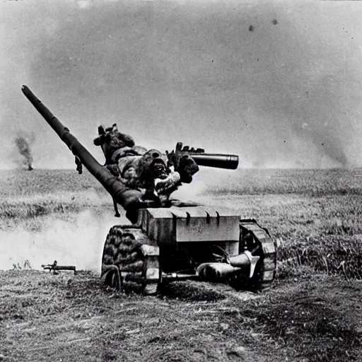 Image similar to a picture of a enormous bear pulling a towed artillery gun behind him, eastern front, historical picture