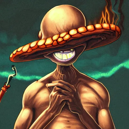 Image similar to A centered chest up portrait of a psychedelic demonic anthropomorphic snake smoking a hand-rolled cigarette smoking heavily , magic mushroom village in background , award winning. superb resolution. in the art style of junji Ito and greg rutkowski . Detailed Mushroom city in background. Hyper realistic anime. Perfect art. Dalle2