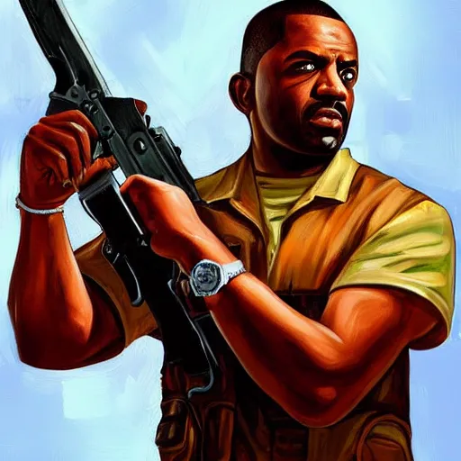 Image similar to a beautiful complex painting of cj from gta san holding a weapon