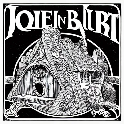 Prompt: square sticker of a hobbit palace, by joe fenton and mike mignola, white background, masterpiece, b & w