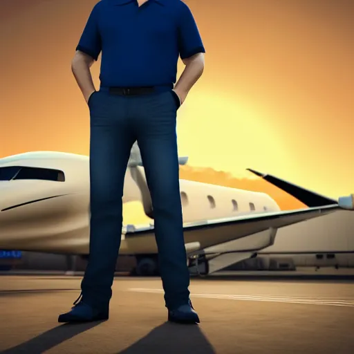 Image similar to aesthetic illustration of jeffrey epstein, wearing a dark blue polo shirt, standing by his bombardier private jet on an empty runway at dusk, cinematic lighting, high detail, volumetric lights, rule of thirds, unreal engine 5 render, pinterest wallpaper, trending on artstation