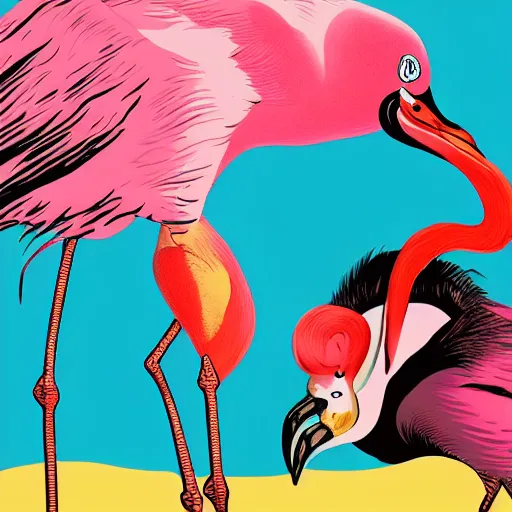 Prompt: A surreal comic noir illustration of a puzzle containing a beautiful woman and Flamingos on a desert beach oasis by Salvador Dali, dark vibes, high contrast, pastel lighting, cinematic, depth of field, 8k