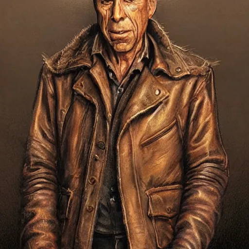 Image similar to a highly detailed epic cinematic concept art CG render digital painting artwork costume design: Humphrey Bogart, old scars, long hair, grizzled, tired, in an old 1950s leather jacket, with a bottle of whisky in hand. By Greg Rutkowski, Ilya Kuvshinov, WLOP, Stanley Artgerm Lau, Ruan Jia and Fenghua Zhong, trending on ArtStation, made in Maya, Blender and Photoshop, octane render, excellent composition, cinematic atmosphere, dynamic dramatic cinematic lighting, aesthetic, very inspirational, arthouse