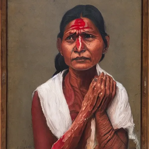 Image similar to a nepali woman wearing a white shawl, sad, bloody, oil painting