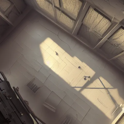 Image similar to a landscape in aerial view inside an empty room, hyper realistic, atmospheric lighting, unreal engine, 8 k
