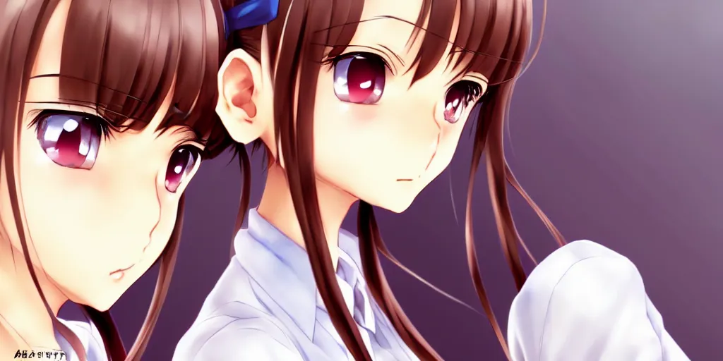 Prompt: beautiful anime high school girl, full body, brown hair, ponytail, white ribbon, full perfect face, slightly smiling, detailed background, dran by Artgerm, Sasoura, Satchely, no distorsion