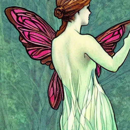 Prompt: a fairy seen from behind, with beautiful wings, in the woods, art nouveau style