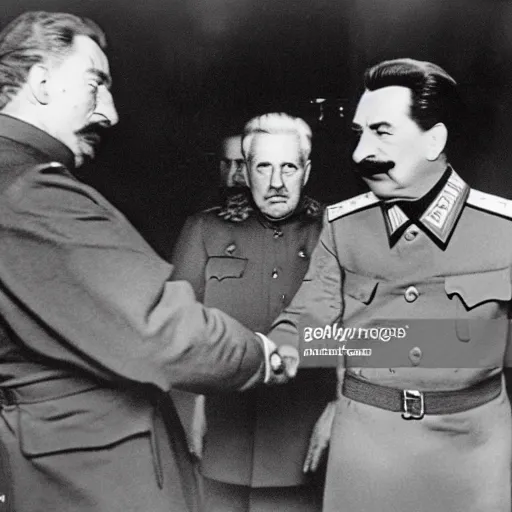 Prompt: stalin holding hands with trump, news photo