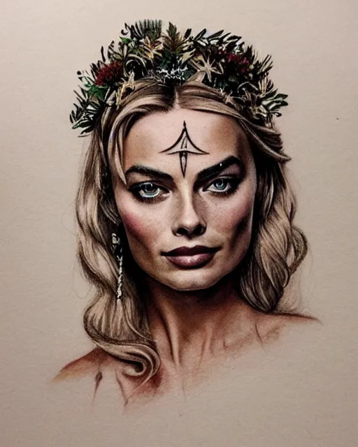 Image similar to realism tattoo sketch of margot robbie as a beautiful greek goddess aphrodite with piercing eyes wearing a laurel wreath and triangle earrings, in the style of greg rutkowski, amazing detail