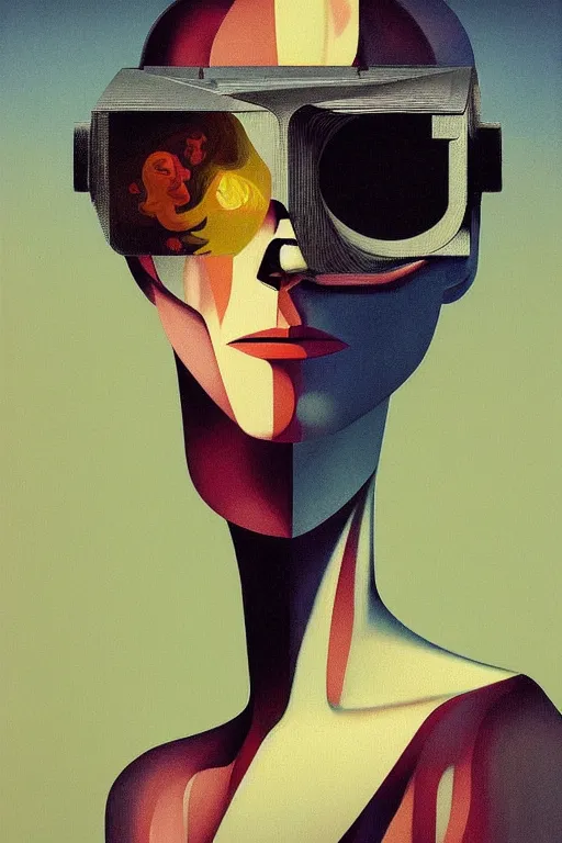 Image similar to woman wearing oculus and digital glitch head edward hopper and james gilleard, zdzislaw beksisnski, higly detailed