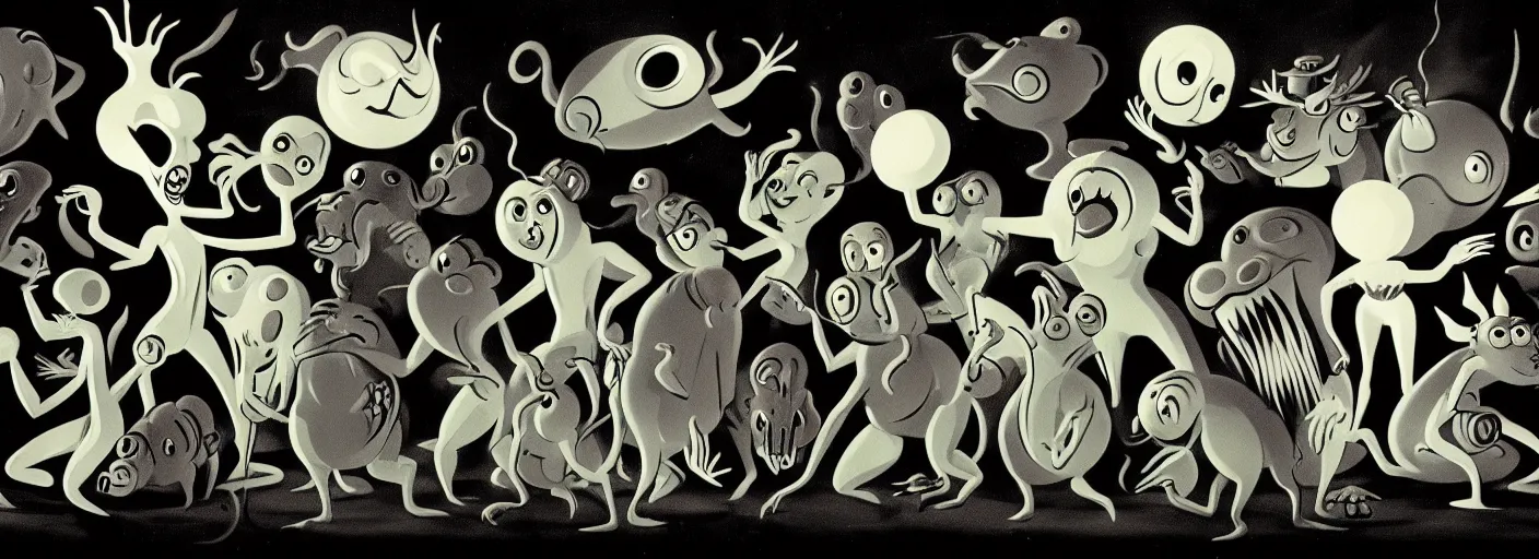 Prompt: whimsical creatures from the depths of the collective unconscious, dramatic lighting, surreal dark 3 0 s fleischer cartoon characters