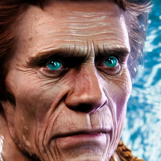 Image similar to Willem Dafoe face, Davy Jones, pirates of the caribbean, octane render, super realistic, portrait shot, under water, light particles, blue and green color