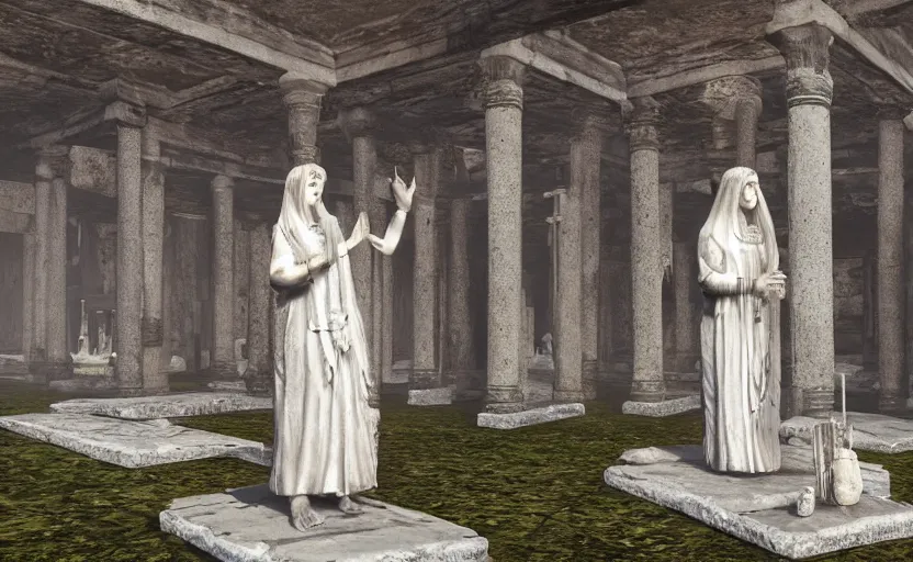 Image similar to A white priestess is conjuring a spell inside the ancient and mythical temple. Bronze statue, unreal engine