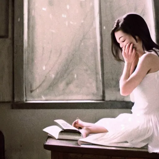 Image similar to a woman in a white dress is reading a book, a screenshot by jin homura, tumblr contest winner, romanticism, movie still, lighthearted, contest winner,