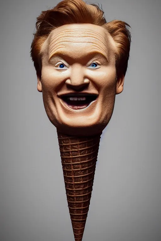 Image similar to 📷 conan o'brien the ice - cream cone 🍦, made of food, head portrait, dynamic lighting, 4 k