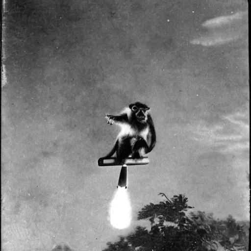 Image similar to 1800s photo of a monkey riding a missile through the sky