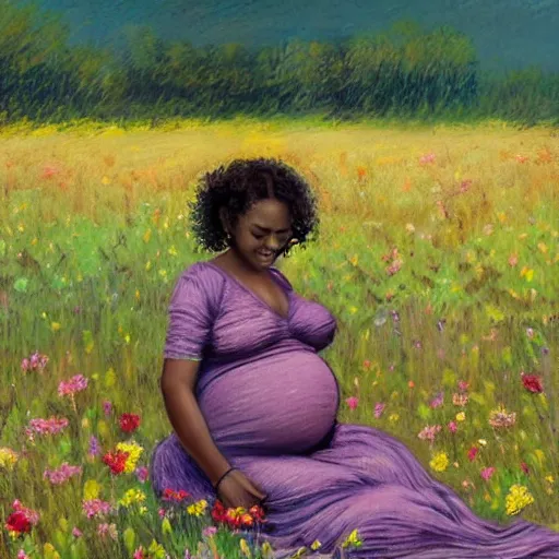 Image similar to pregnant east african woman with curly hair in a vast field of flowers, laying down, looking into the distance, with a tiny black puppy running around the field, golden hour, vintage, impressionist painting, fine art, oil painting, dreamy, pastel, laughing, happy, intricate details, sharp, peaceful, serene