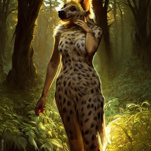 Prompt: photo of a humanoid hyena were a dress in the forest, highly detailed, digital painting, artstation, smooth, sharp focus, illustration, art by artgerm and greg rutkowski and alphonse mucha