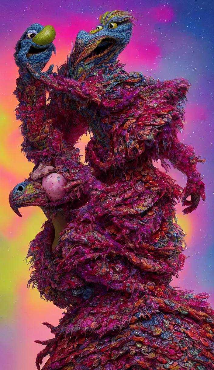 Image similar to hyper detailed 3d render like a Oil painting - kawaii portrait of two Aurora (a beautiful skeksis muppet fae queen protector from dark crystal that looks like Anya Taylor-Joy) seen red carpet photoshoot in UVIVF posing in scaly dress to Eat of the Strangling network of yellowcake aerochrome and milky Fruit and His delicate Hands hold of gossamer polyp blossoms bring iridescent fungal flowers whose spores black the foolish stars by Jacek Yerka, Ilya Kuvshinov, Mariusz Lewandowski, Houdini algorithmic generative render, Abstract brush strokes, Masterpiece, Edward Hopper and James Gilleard, Zdzislaw Beksinski, Mark Ryden, Wolfgang Lettl, hints of Yayoi Kasuma and Dr. Seuss, octane render, 8k