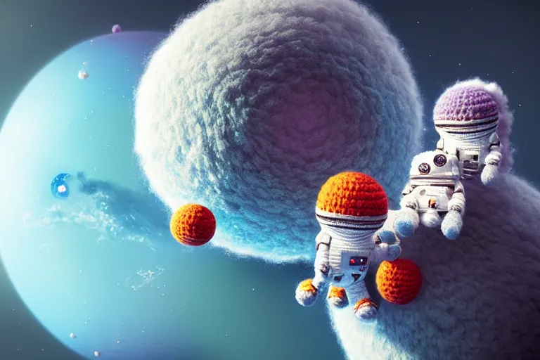 Image similar to an expedition of crochet astronauts discovering a new fluffy planet made out of yarn. cute, illustration, digital art, inspired by little big planet, by greg rutkowski, detailed, sharp, masterpiece, highly detailed, photorealistic, octane render, 8 k, unreal engine 5, trending on artstation