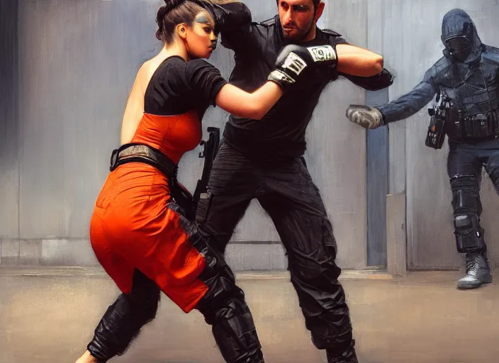 Image similar to Maria fights sgt Nash. Cyberpunk hacker in orange jumpsuit fighting menacing police troopers (blade runner 2049). beautiful face. kickboxing. Orientalist portrait by john william waterhouse and James Gurney and Theodore Ralli and Nasreddine Dinet, oil on canvas. Cinematic, hyper realism, realistic proportions, dramatic lighting, high detail 4k