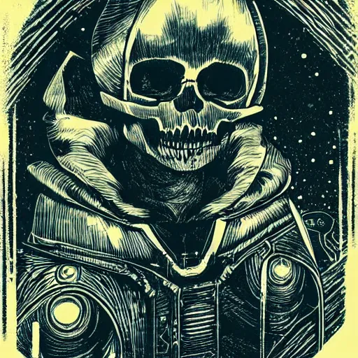 Image similar to Woodcut portrait of a beautiful cute skull with robot ears by falling into the stars greg rutkowski, 4k, intricate details