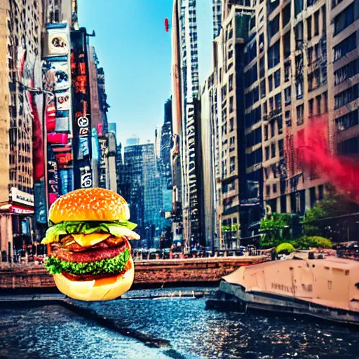 Image similar to giant delicious burger and fries splashes into New York city river, mind-bending digital art, macro photography 25mm, hollywood movie cinematic helicopter view