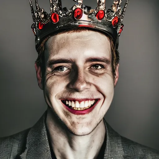 Prompt: man with red pupils and a crown grinning