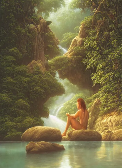 Prompt: a meditation near a river in the amazon jungle, gazing at the water, highly detailed, art by christophe vacher