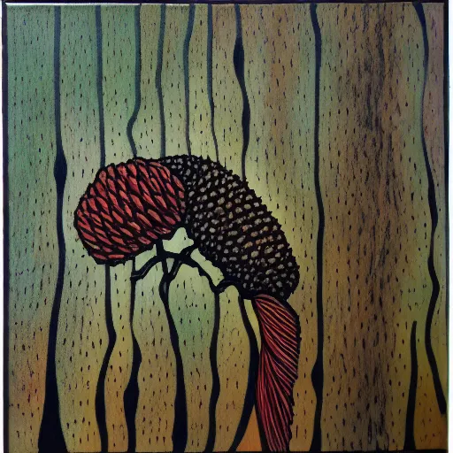 Prompt: a dead bird and a pine cone, modernist painting with only 5 colors