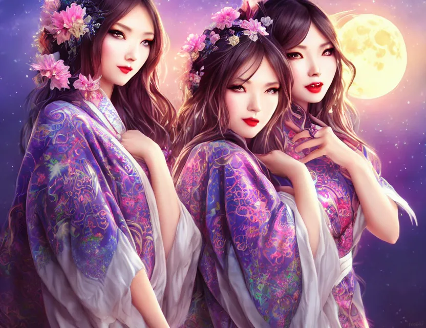 Image similar to two beautiful alluring siberian girls wear fantasy kimono in festival | | sunny night, full moon, dreamlike art, realistic shaded, smile, good looking, hyper details, 4 k realistic, cryengine, realistic shaded lighting poster by artgerm, ross tran, fuji choko, 8 k resolution, trending on artstation, luxury