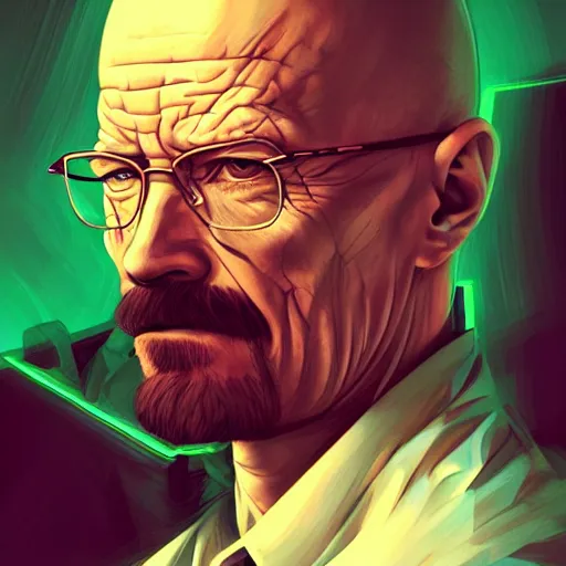 Prompt: high quality illustration, walter white realistic portrait, cyberpunk colors, vaporwave, retro, neotrad, lois van baarle, moebius, league of legend, arcane style