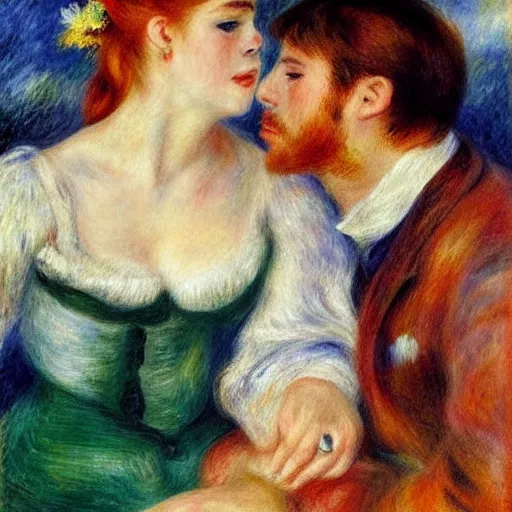 Image similar to art by renoir, real lgbt love, people wearing clothes