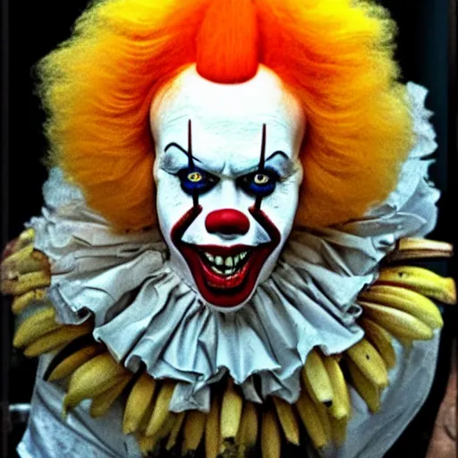 Image similar to A clown monster made of bananas jumping at the screen, loony toons style, pennywise style, horror theme, detailed, elegant, intricate